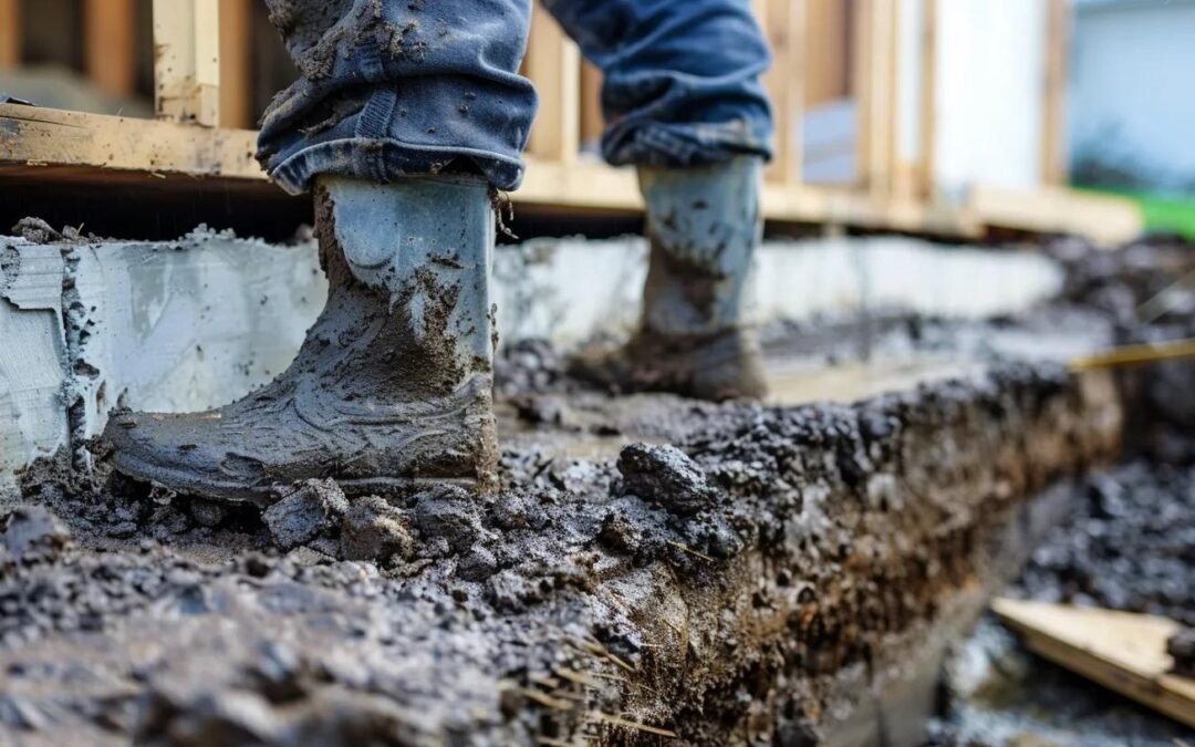 Person wearing muddy boots standing on a foundation site, highlighting foundation repair work and the importance of addressing foundation issues.