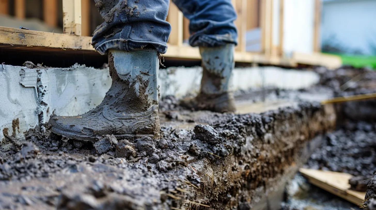 Person wearing muddy boots standing on a foundation repair site, emphasizing foundation work and soil conditions relevant to home stability in Arkansas.