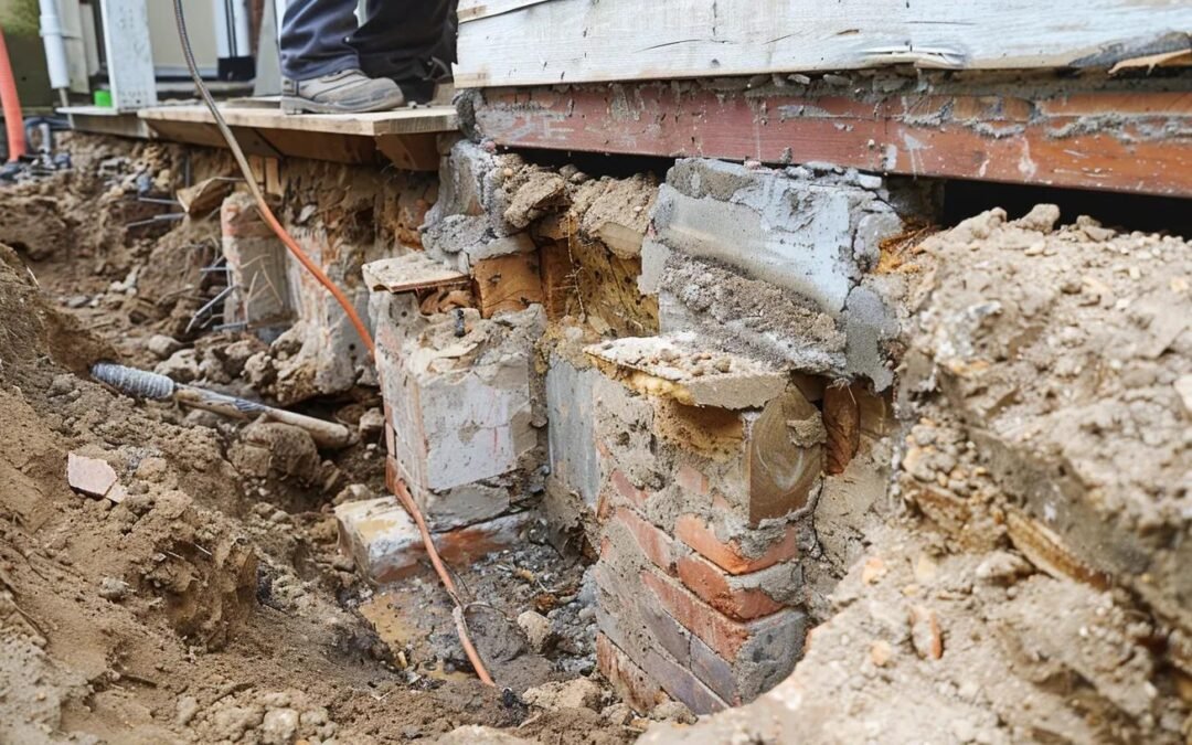 Foundation repair work in progress, showcasing exposed brick and concrete supports with dirt and tools, emphasizing local contractor services for home stability.