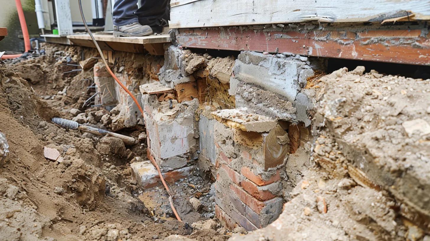 Foundation repair work in progress, showing exposed footings and soil around brick and concrete supports, illustrating techniques related to piering methods for structural stability.