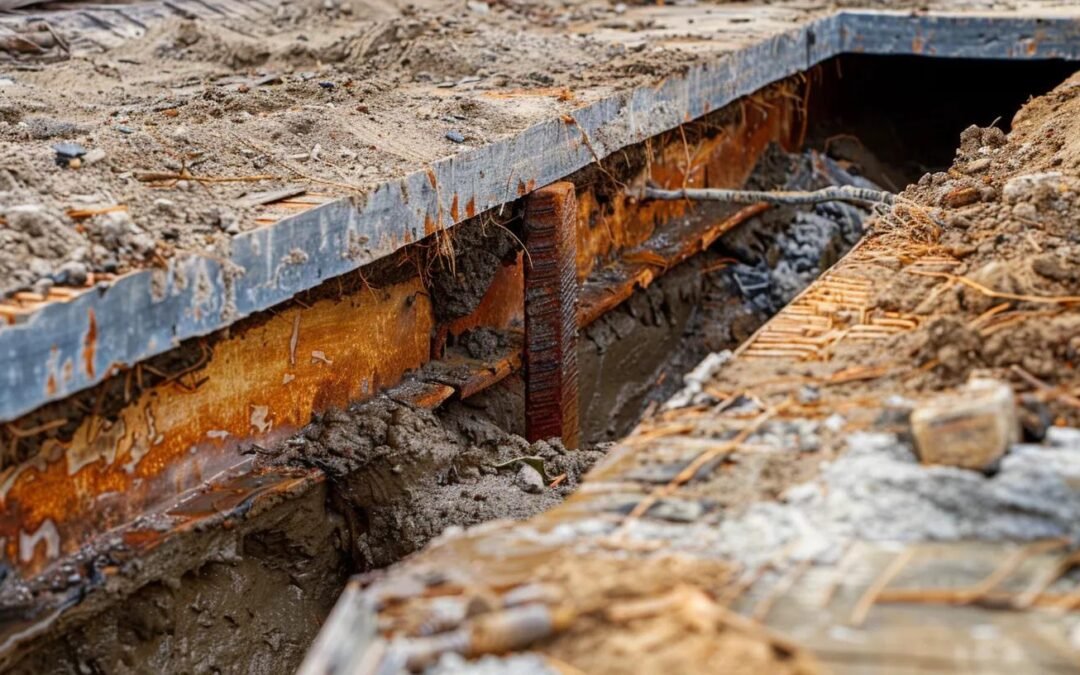 Foundation repair site showing exposed rebar, concrete slab, and surrounding soil, illustrating essential signs of foundation issues.