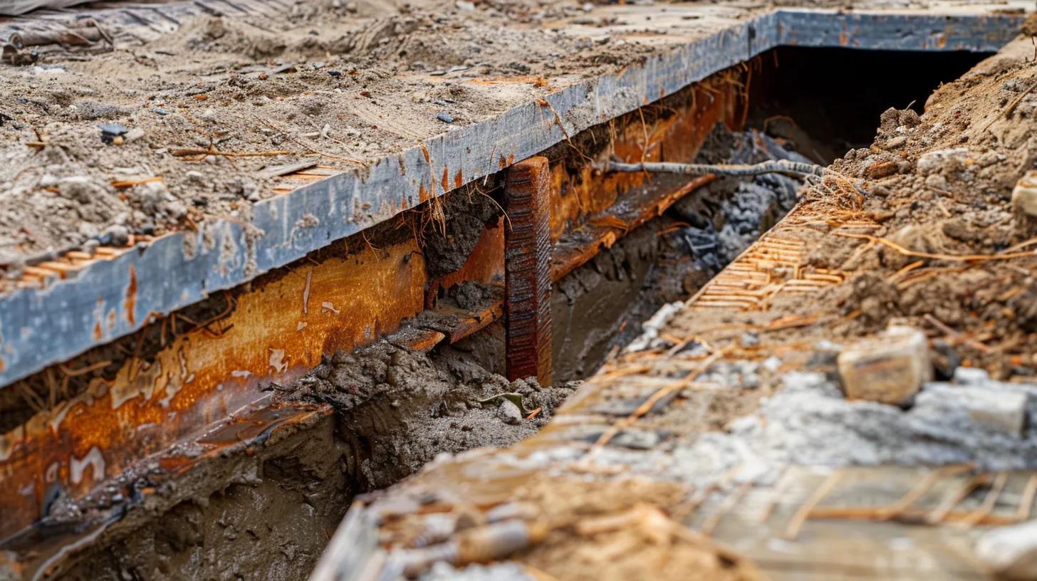 Foundation repair site showing exposed rebar and soil voids, illustrating structural issues and potential methods for stabilization.