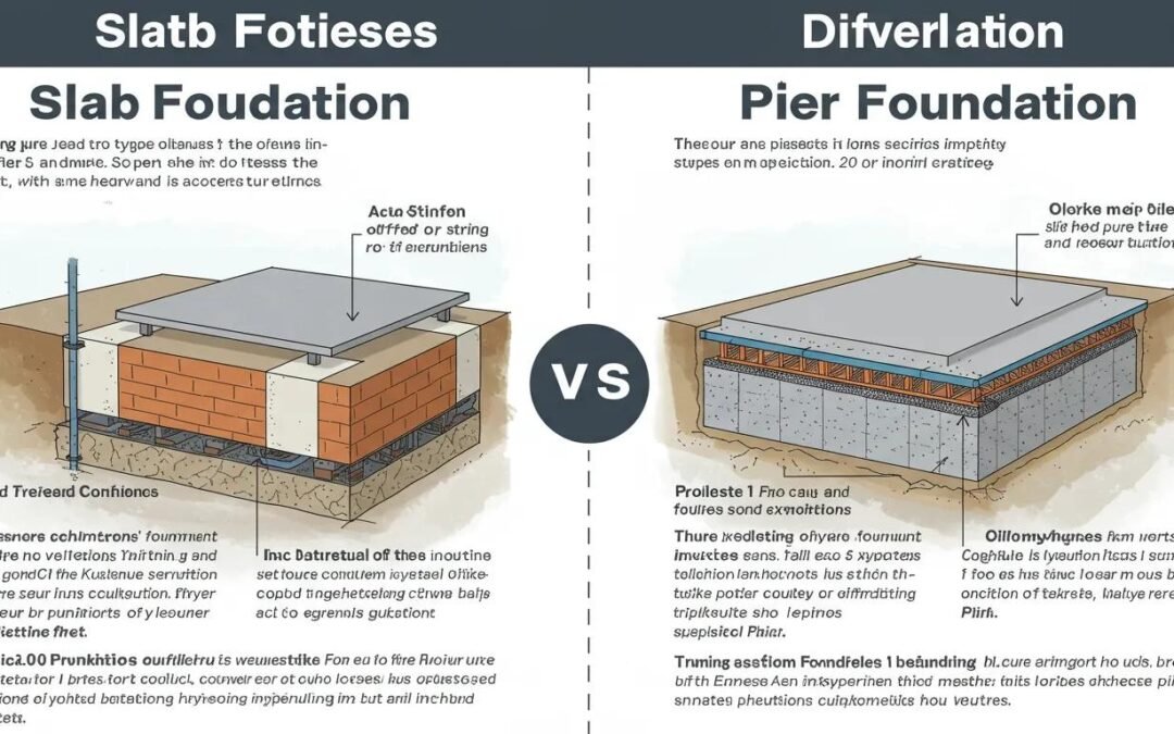 Slab vs. pier foundation comparison infographic illustrating differences in construction methods, materials, and structural support for foundation types, relevant to home foundation repair and stability.