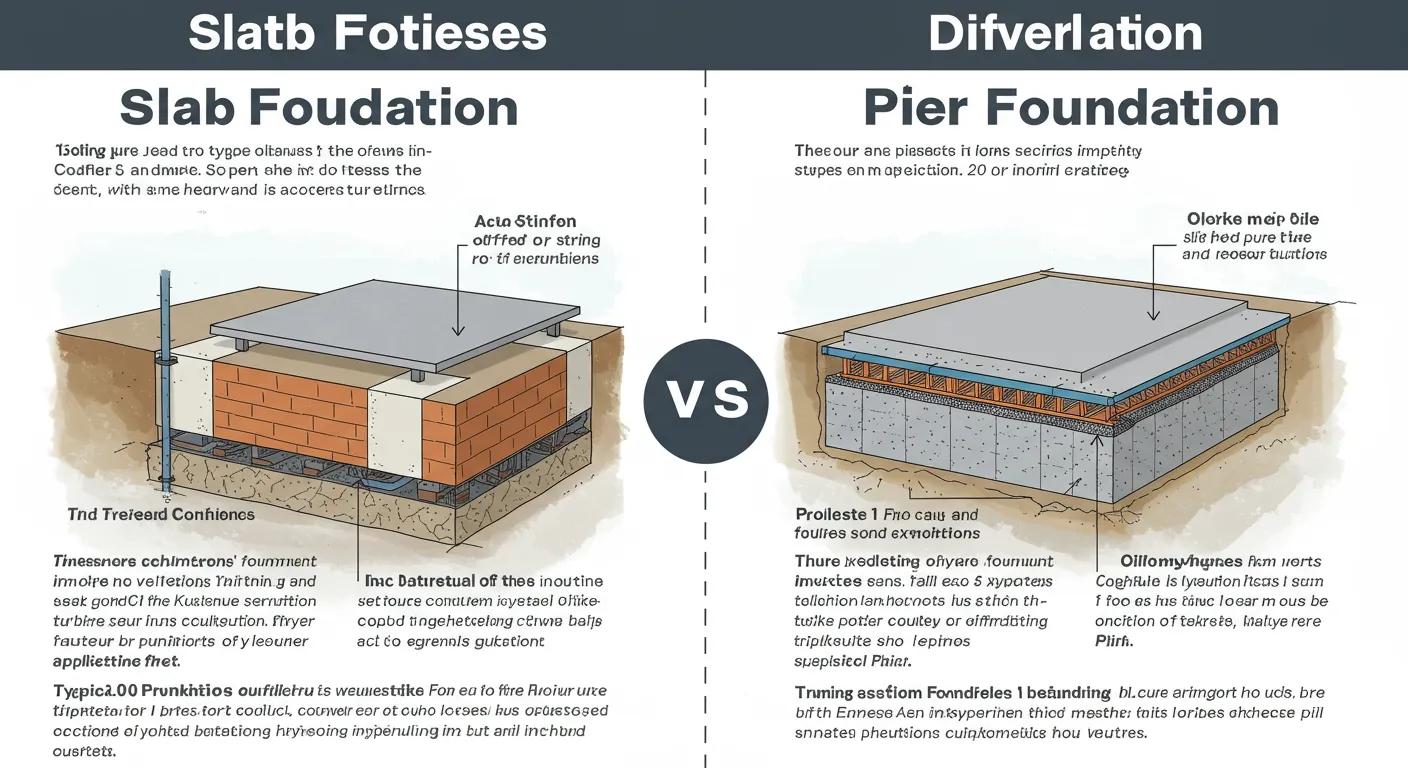 Slab and pier foundation comparison illustration highlighting construction details, structural differences, and key features relevant to Arkansas foundation repair.